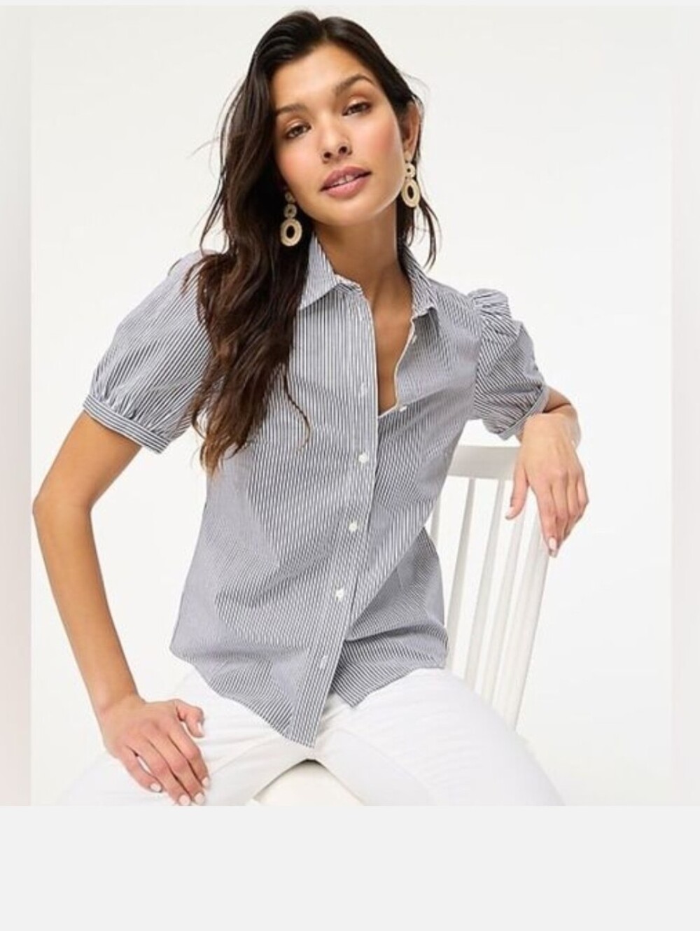 J. Crew Factory Blue/White Coastal Striped Short Puff Sleeve Button Down Shirt